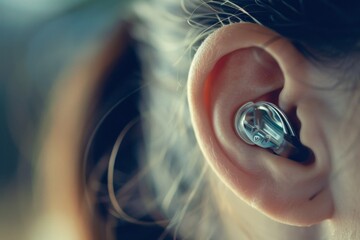 Obraz premium Young woman with a hearing aid or earphone in her ear