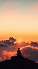 Fototapeta premium Embracing the Dawn: Confident Young Hiker on Mountain Peak at Sunrise with Blurred Scenic Landscape in Warm Realistic Tones