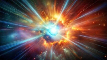 A colorful explosion in space with a bright blue light in the center