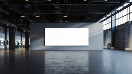 Exhibition Hangar Interior: The space is expansive and industrial, resembling a large hangar or gallery. The walls and ceiling are high, with exposed beams and a minimalist design that emphasizes 