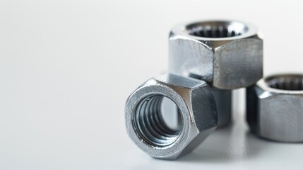Metal nuts on white background with empty space industrial setting