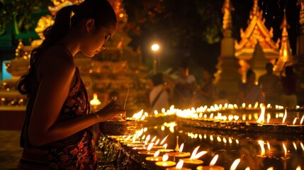 A woman lights candles at a temple during a nighttime ceremony