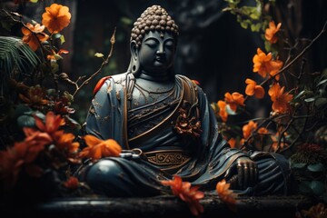 Buddha statue in meditation with plants and flowers, generative IA