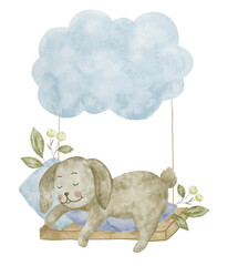 Cute Sleeping Bunny. Watercolor Illustration. Nursery Art.