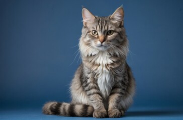 Obraz premium Portrait of tabby cat with long fluffy fur sitting on blue background