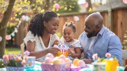 A african american family celebrates Easter with an egg hunt in their backyard