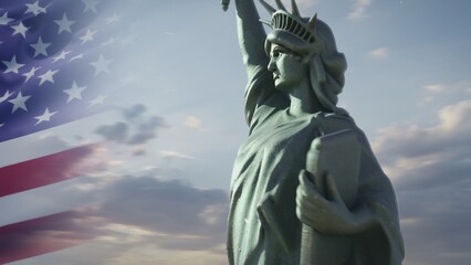 3D motion graphics of The Statue of Liberty with inscription of 2024 Presidential Election in the United States and waving American flag animation in the background. Democracy and patriotism concept. © Framestock