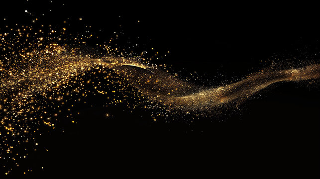 A stream of golden glitter appeared on the black background. The glitter fell in a way that looked like it was blown by the wind. The scene was quirky and fun.
