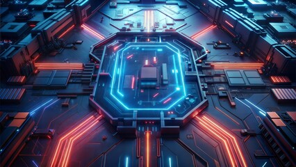 A computer chip is shown in a neon color