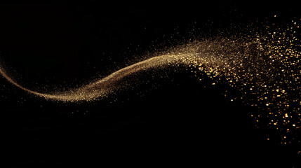 A stream of golden glitter appeared on the black background. The glitter fell in a way that looked like it was blown by the wind. The scene was quirky and fun.