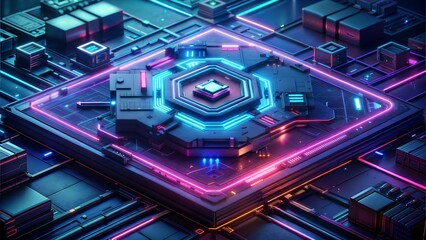A computer chip is shown in a neon color