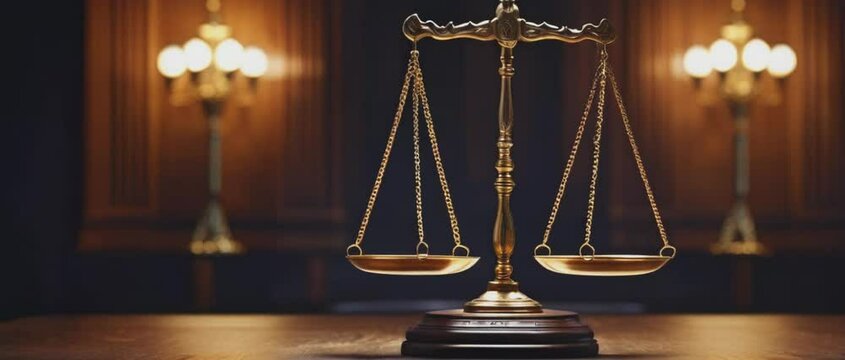 Golden scales of justice on wooden desk in law library