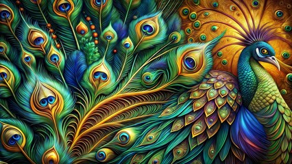 A colorful peacock with blue and gold feathers is the main focus of the image