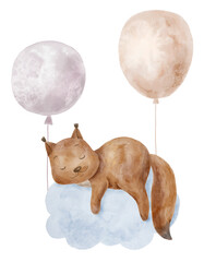 Fototapeta premium Cute Sleeping Squirrel. Watercolor Illustration. Nursery Art.