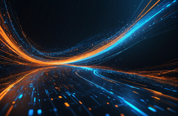 background for tech themes. Abstract wallpaper of a digital data stream, representing connectivity and cyberspace, with beautiful blue and orange lights	