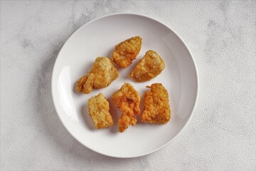crispy fried chicken fillet on a white plate on a white background with studio lighting, suitable for product photos, brochures, catalogs, etc.