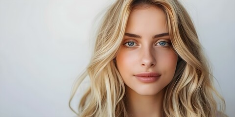 Fototapeta premium Portrait of a Blonde Woman with Wavy Hair, Healthy Skin, and Natural Makeup Gazing at the Camera. Concept Beauty Portrait, Blonde Woman, Wavy Hair, Healthy Skin, Natural Makeup, Eye Contact