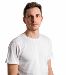 Fototapeta premium Guy in basic white t-shirt isolated on a white background.