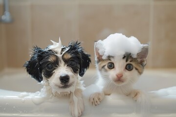 Puppy and kitten in bathroom with a foam on heads, wet cat and dog together in a bathtub