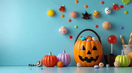 Fototapeta premium Festive Halloween Pumpkin with Candy and Decorations