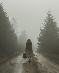 Rear view of a woman with a suitcase walking along the road among the foggy forest at dusk