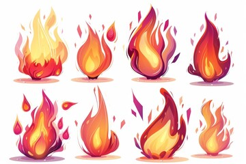 Set of cartoon fire and flames isolated on white background