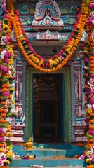 Obraz premium An ornate temple entrance decorated with colorful flower garlands