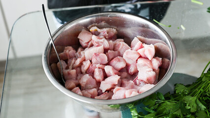 Peruvian food ceviche. 2 Preparation of ceviche mixing with sodium salt