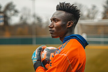 Black man, football, and goalkeeper training on field for focus, exercise, or sun protection gloves. Soccer goalie, athlete, vision or mindset for workout, strategy, or sport