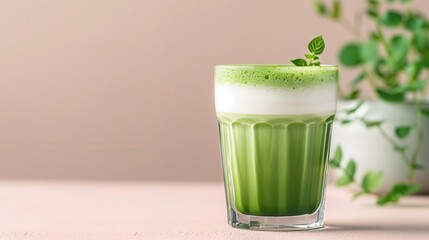 Refreshing matcha latte with milk foam and mint garnish.