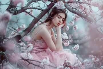 A woman wearing a pink dress is seated in a tree, perfect for use as a decorative element or illustration