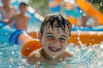 A young boy smiling widely while enjoying the pool, surrounded by colorful inflatables and water splashes, having a fun-filled day under the bright, warm sun with friends.