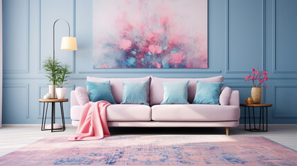 pink and blue living room interior background