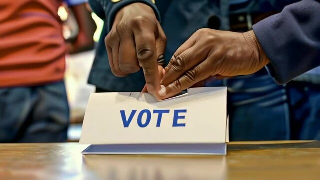 Close-up of hand putting a slip of paper with "Vote" written on it into a ballot box at polling station for American election with voters - shot in slow motion