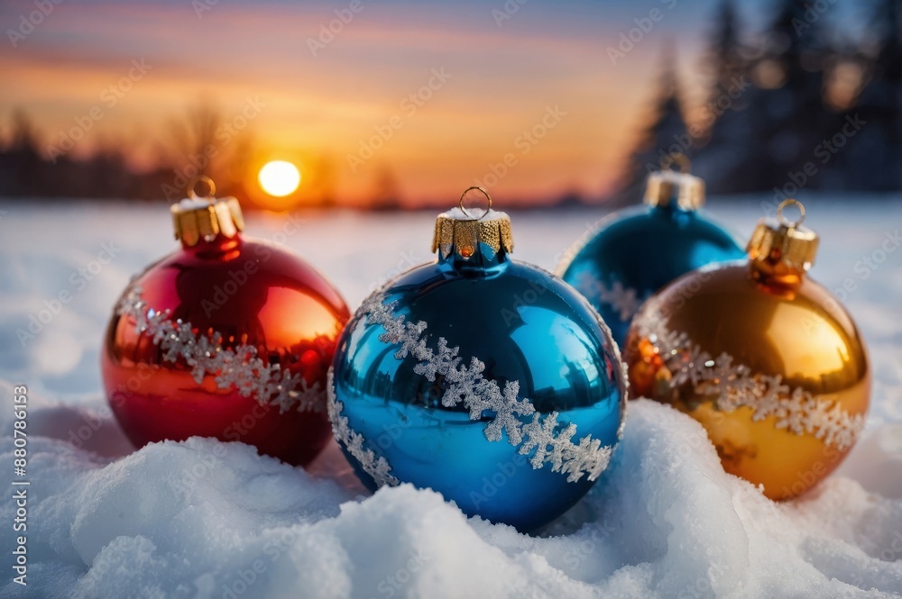 Wall mural Christmas balls in the snow, sunset in the background, concept of Christmas, holiday, merry Christmas.