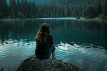 Fototapeta premium Young woman sitting on a rock and looking at lake and forest