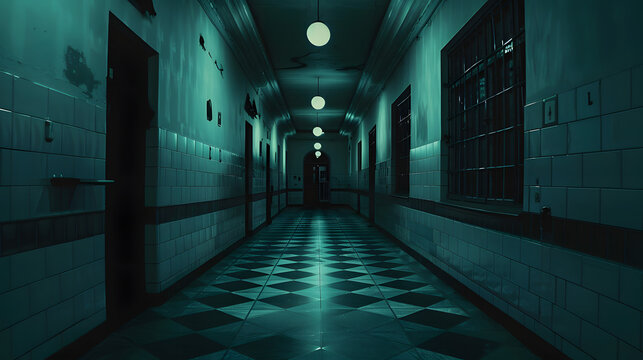 a hall in a mental asylum on a dark night