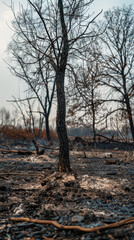 Burnt trees after a forest fire. Climate change. Vertical orientation.