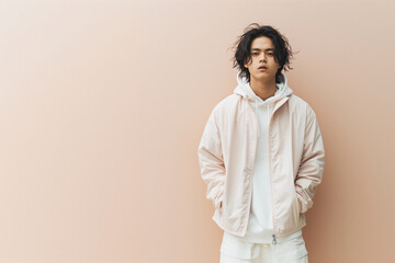 A stylish man in a light pink jacket and white hoodie stands against a soft pastel background, blending modern fashion with a relaxed vibe.