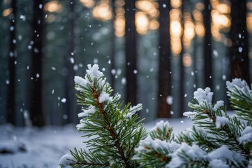 Snowflakes falling, pine forest in the background, Christmas, winter concept.