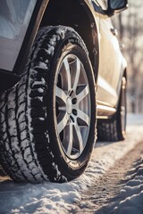 Naklejka premium A close-up view of a tire on a snowy road, ideal for winter-themed illustrations or design concepts