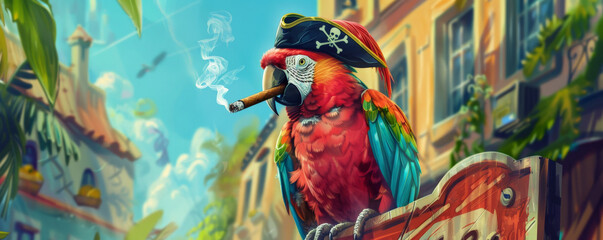 A funny parrot in a pirate hat, perched on a street sign and smoking a cigar. The colorful parrot and the urban street scene create a lively and amusing composition.
