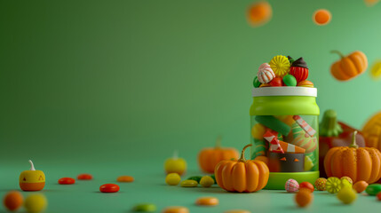Obraz premium Halloween Candy Jar with Pumpkins and Falling Treats