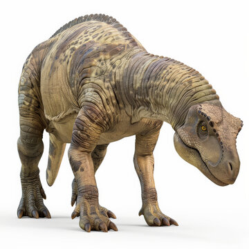 A peaceful Hadrosaurus with its herbivorous build and friendly appearance, grazing, isolated on white background.