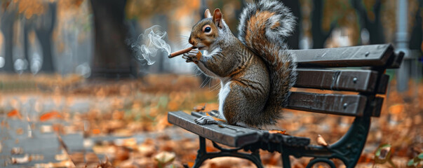 A jovial squirrel in a detective outfit, sitting on a park bench and smoking a cigar. The squirrel's serious pose and the urban park setting create a funny and charming image.