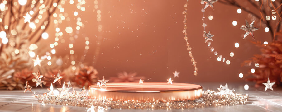 A sophisticated copper display podium surrounded by shiny crystal stars. The stars' shimmering light contrasts beautifully with the warm copper color, adding a touch of luxury.