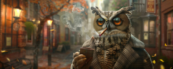 A quirky owl in a detective outfit, standing on a sidewalk and smoking a cigar. The owl's serious pose and the city street background create a funny and charming scene.
