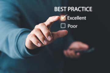 Businessman pressing Best Practice, Business, Technology, Internet and network concept. Best practice.Best practice concept. Manager (businessman, coach, leadership) plan to apply best practice method