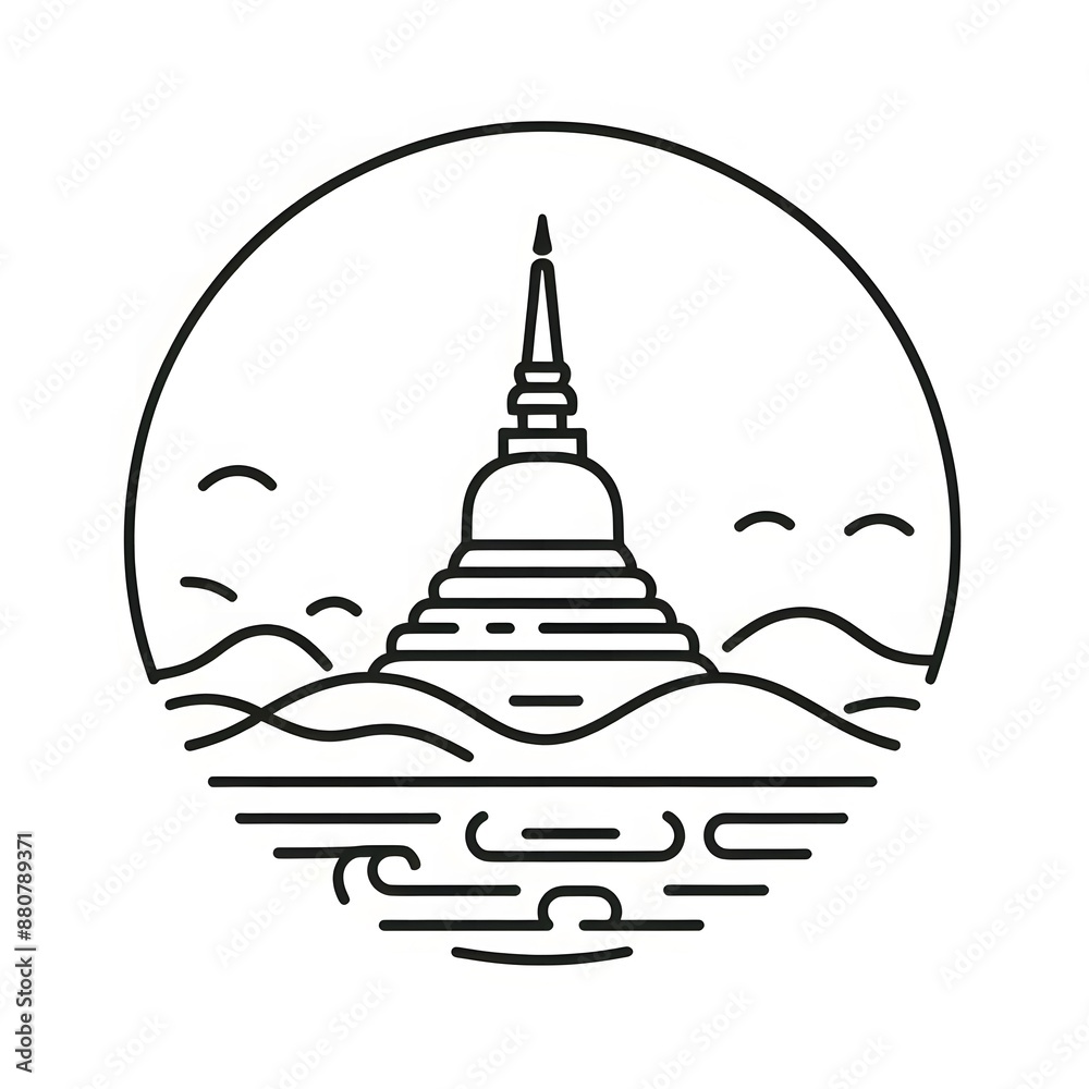 Fototapete ai generate of simple design of one line icon depicting of buddha's stupa, isolated in white