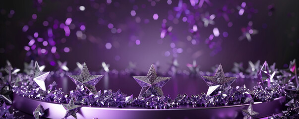 A stunning purple display podium adorned with shiny crystal stars. The stars' sparkling surfaces contrast beautifully with the rich purple hue, adding a touch of elegance.